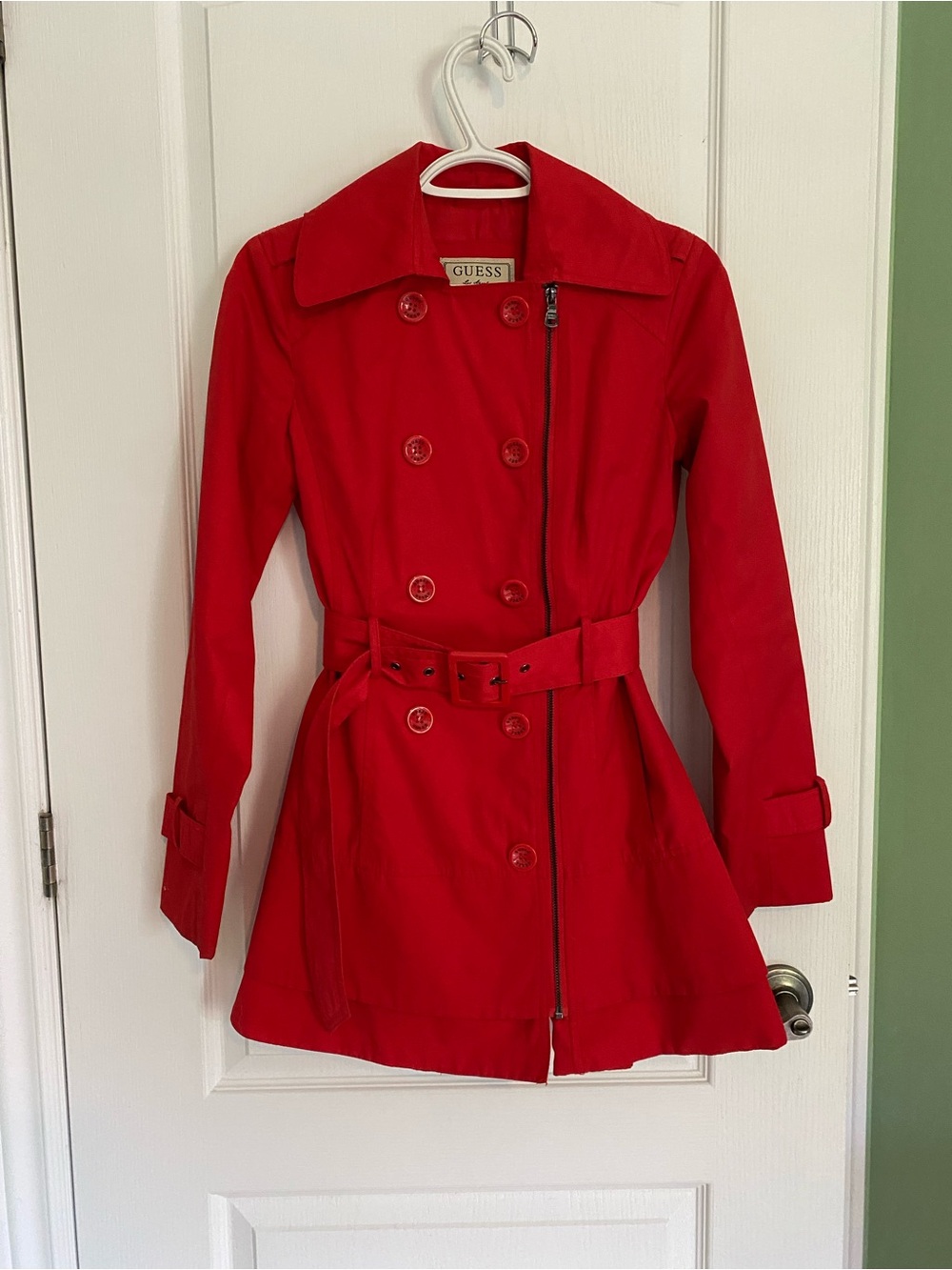 GUESS Red Double-Breasted Trench Coat with Belted Waist